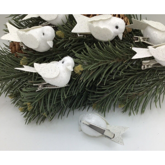 Songbird Ornaments Mini Tree Clip on Set 8 White Christmas White Glitter - Picture 4 of 7